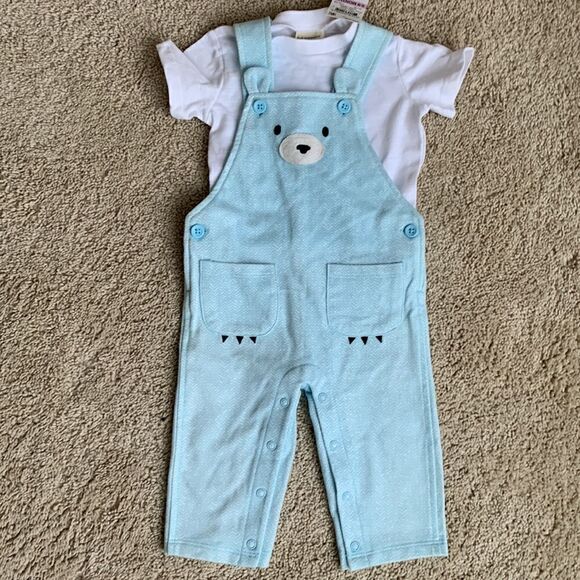 NWT 6-9 M Baby bear light blue overall bibs 2 piece outfit - Picture 1 of 6